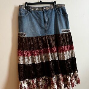 Venezia size 16 Denim Boho Multi-material Patchwork Broomstick Midi Skirt